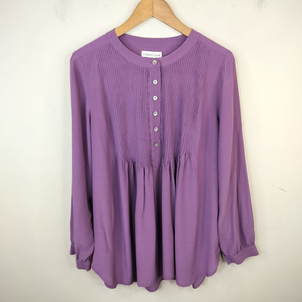 Coldwater Creek Pleated Top Blouse Medium Purple Rayon Long Sleeve